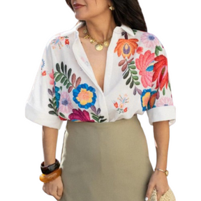 Camisa Linho Bordada Flores Vivas –VESTIMI