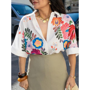 Camisa Linho Bordada Flores Vivas –VESTIMI