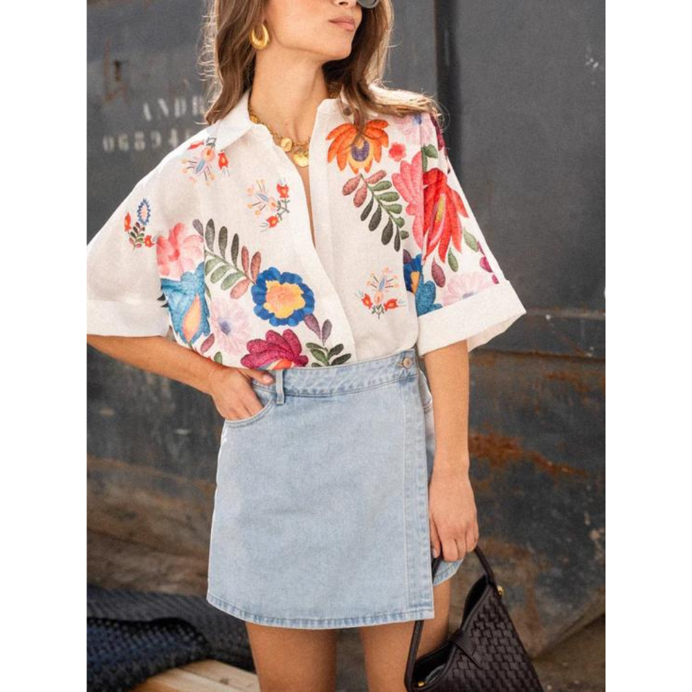 Camisa Linho Bordada Flores Vivas –VESTIMI