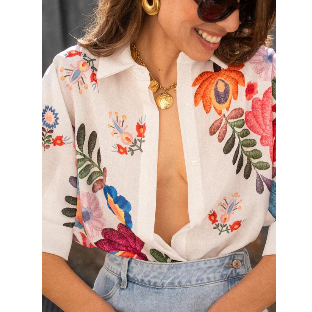 Camisa Linho Bordada Flores Vivas –VESTIMI