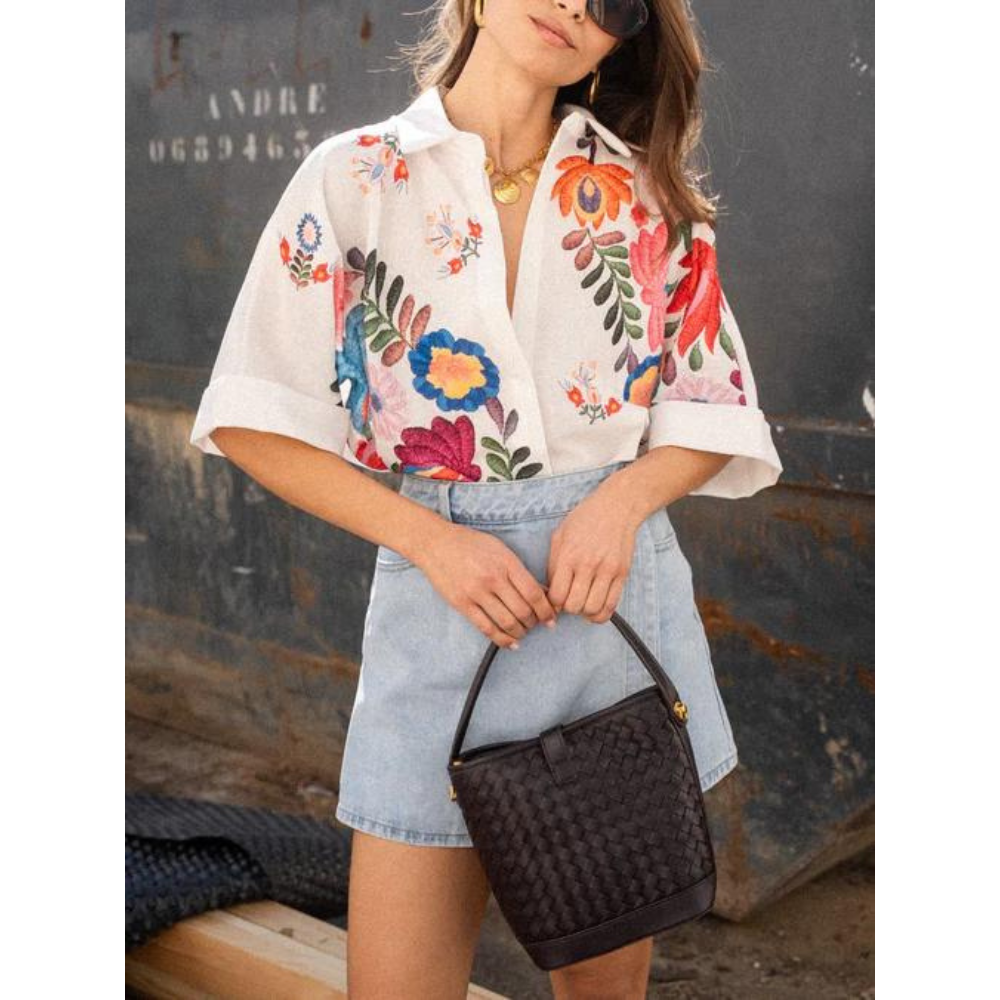 Camisa Linho Bordada Flores Vivas –VESTIMI