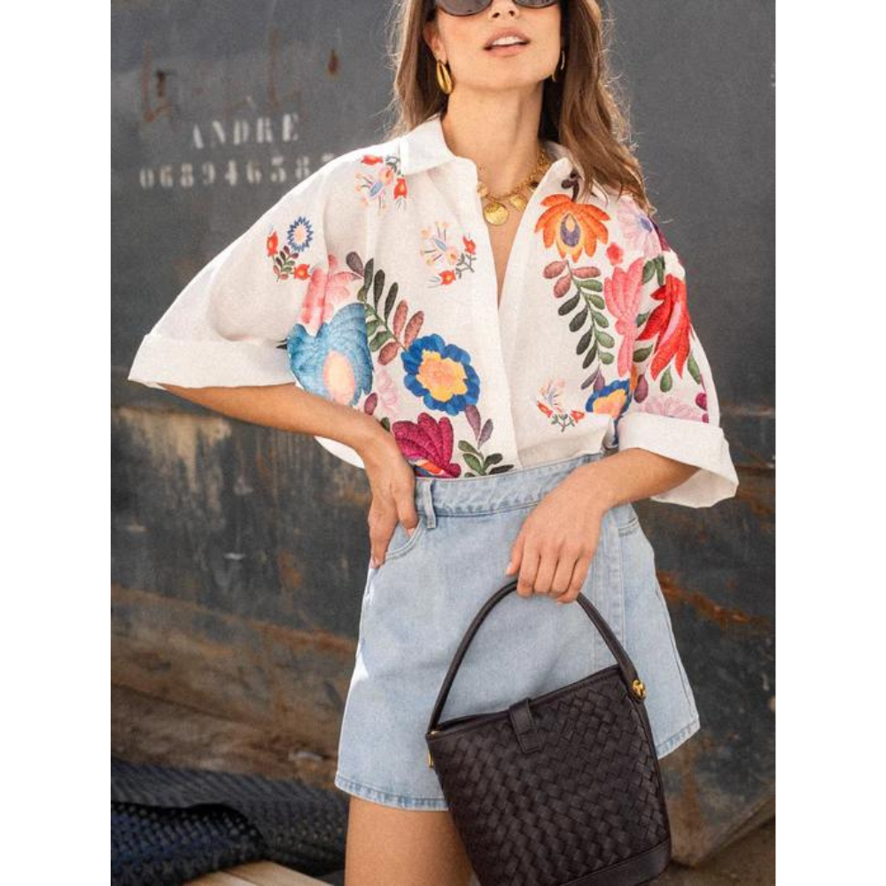 Camisa Linho Bordada Flores Vivas –VESTIMI