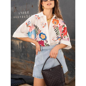 Camisa Linho Bordada Flores Vivas –VESTIMI