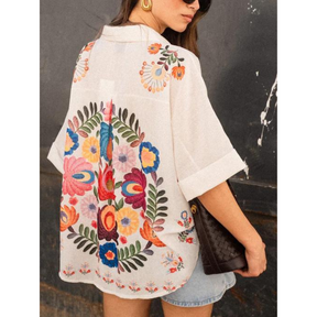 Camisa Linho Bordada Flores Vivas –VESTIMI